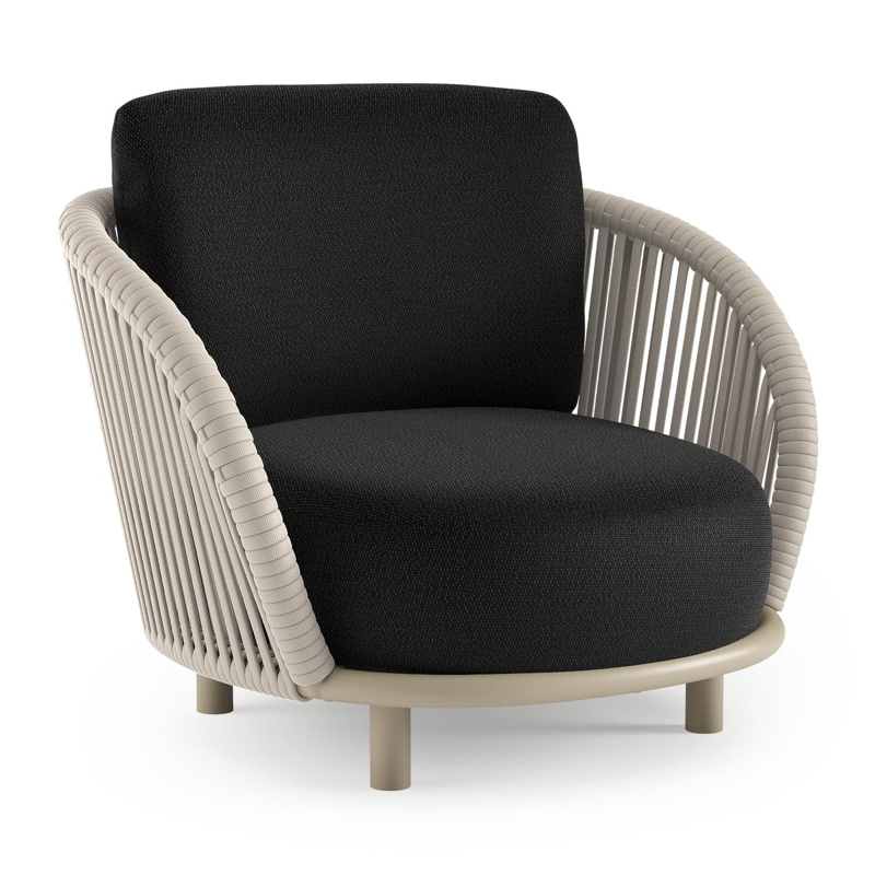 Fauteuil de jardin Lupino en aluminium beige et corde large plate de luxe tissée verticalement beige et coussins en all weather sunbrella® luxe lopi baribal
