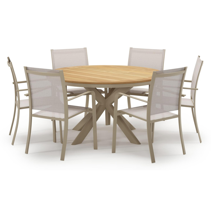 Pamplona tuinset in beige aluminium en teak met 6 stapelbare Calobra tuinstoelen