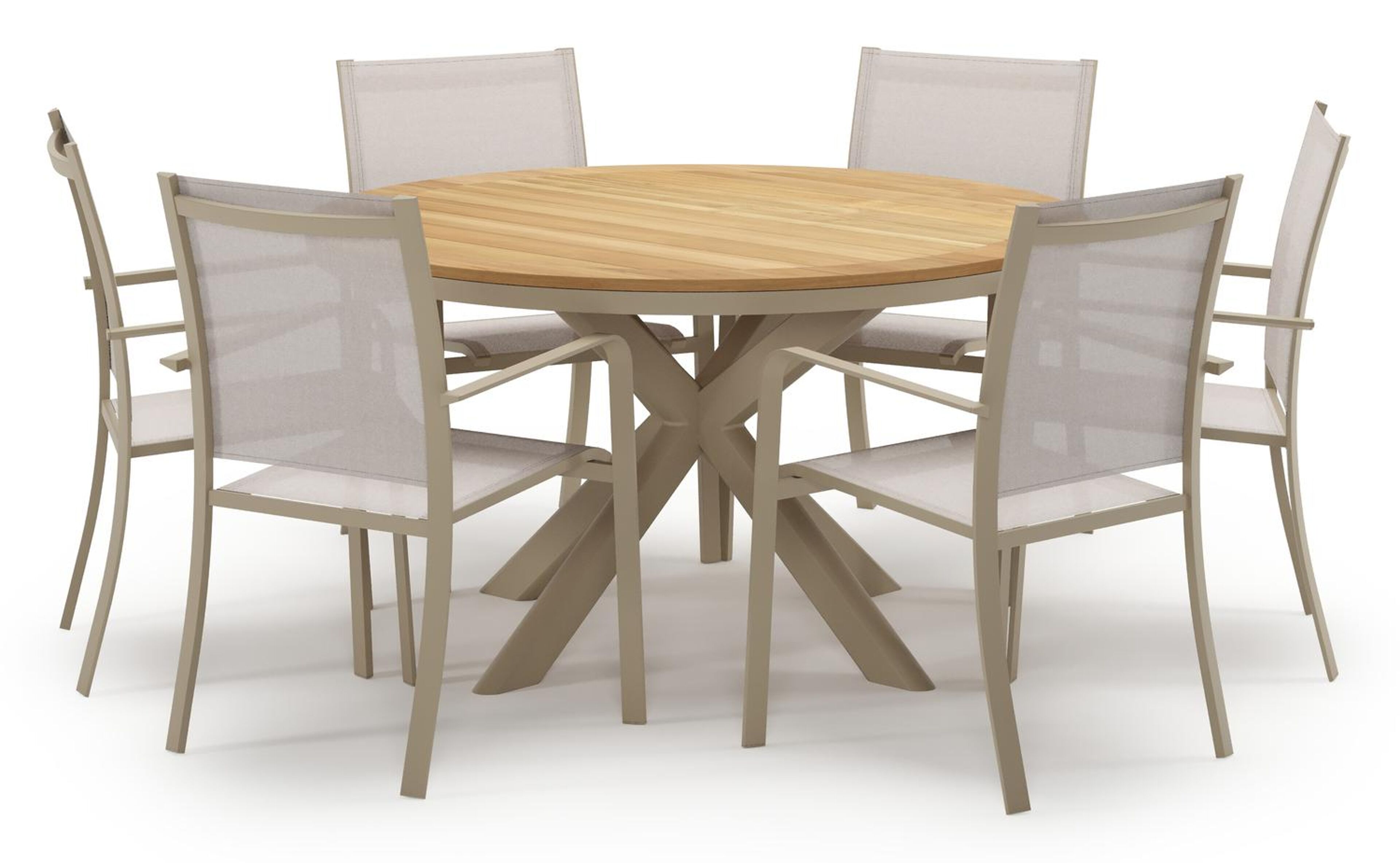 Pamplona tuinset in beige aluminium en teak met 6 stapelbare Calobra tuinstoelen