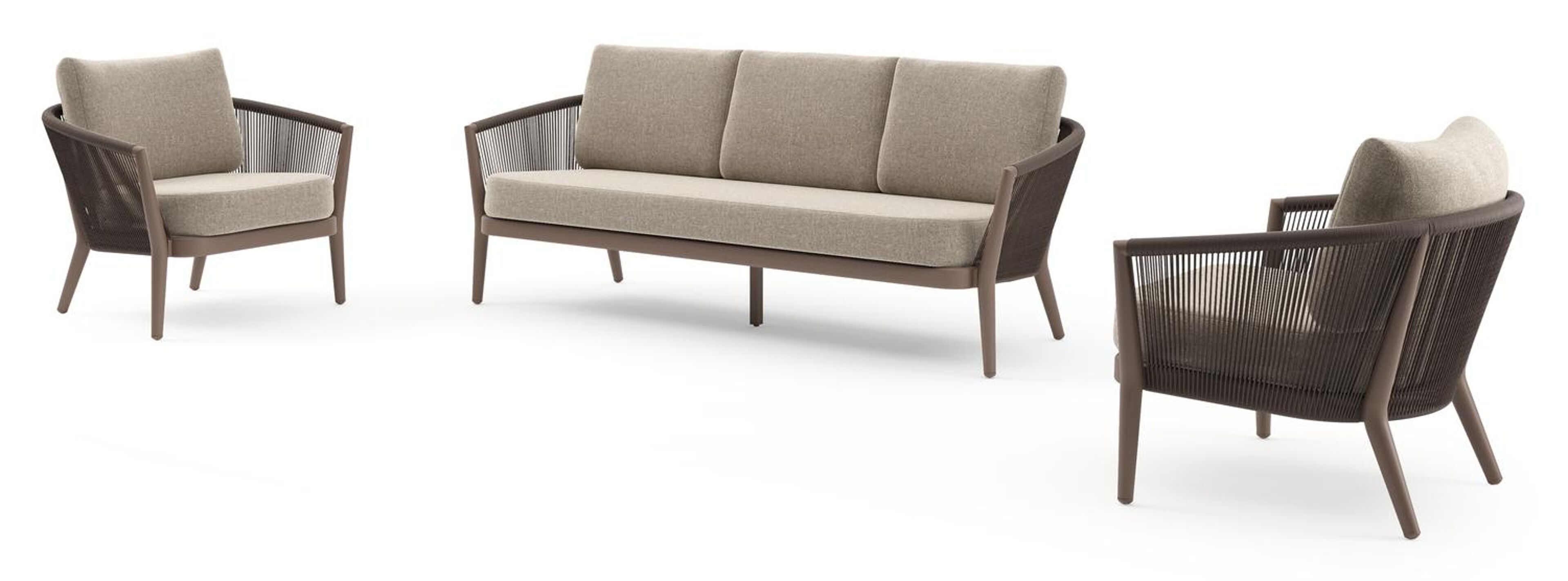 Salon de jardin Orso en aluminium taupe en corde ronde tissée verticalement noir et coussins en all weather sunbrella® luxe Chartres Pewter