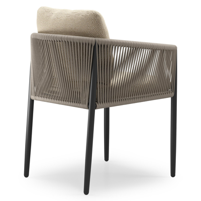 Organo tuinstoel in zwart aluminium en zwart verticaal geweven luxe vlakke rope met stoelkussen in All Weather Cosytica Althea Camel