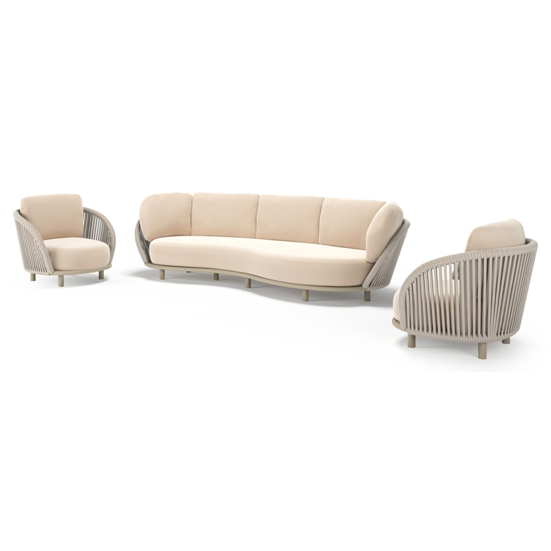 Lupino loungeset in beige aluminium en beige verticaal geweven luxe vlakke brede rope met natte linen chalk all weather sunbrella® luxe kussen