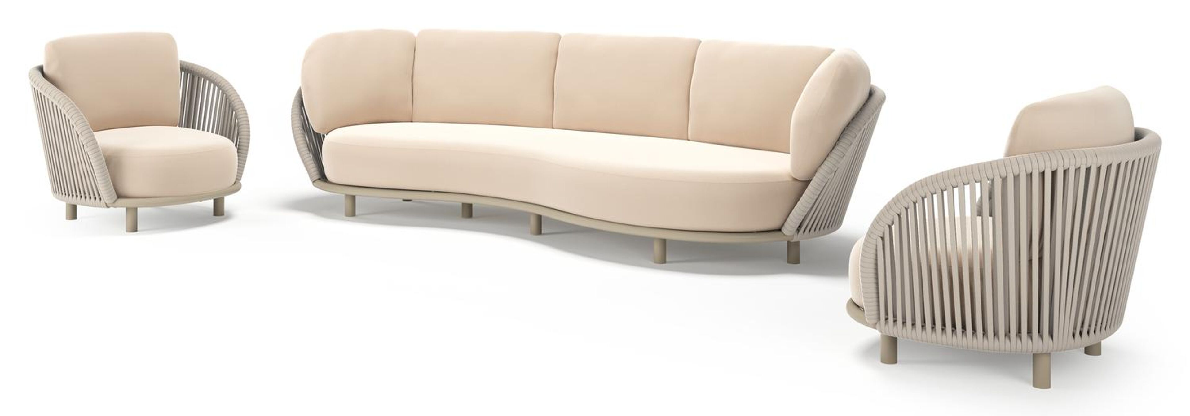 Lupino loungeset in beige aluminium en beige verticaal geweven luxe vlakke brede rope met natte linen chalk all weather sunbrella® luxe kussen