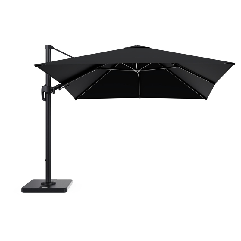 Rufina zweefparasol met tiltfunctie in zwart aluminium met zwart all weather sunbrella® premium parasoldoek - L1 300 x L2 300 cm met parasolvoet Lapido 120 kg