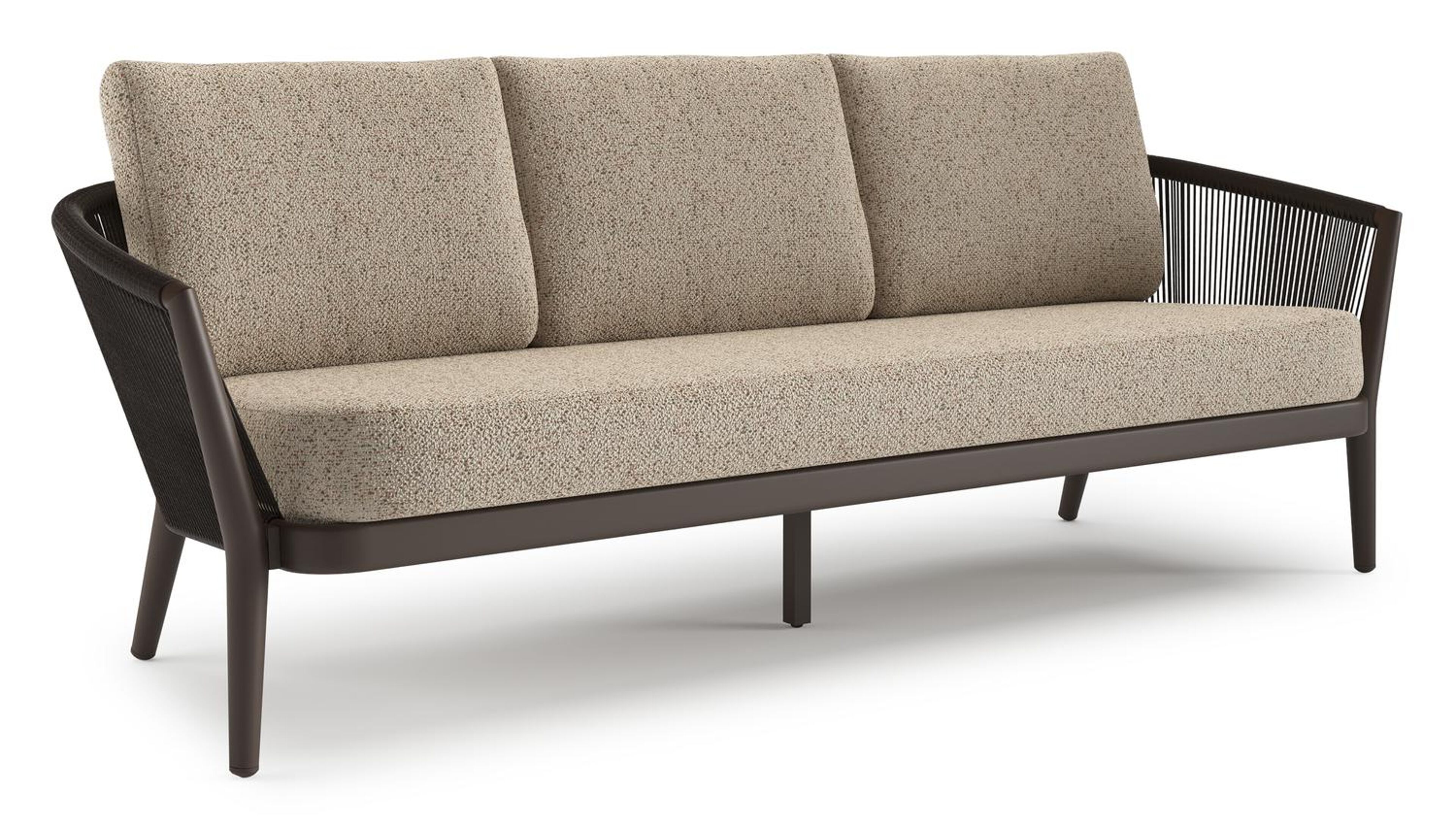 Orso loungebank in donkerbruin aluminium en donkerbruin verticaal geweven ronde rope met Bora Jungle all weather cosytica kussen