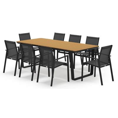 Ensemble de jardin Alora en aluminium noir avec plateau de table en polywood et 8 chaises de jardin empilables Bahia
