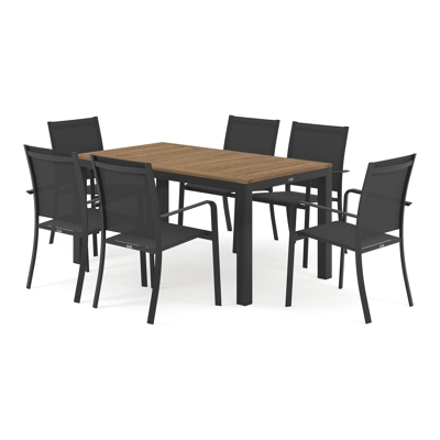 Ensemble de jardin Varese en aluminium noir avec plateau de table en teck naturel et 6 chaises de jardin empilables Calobra
