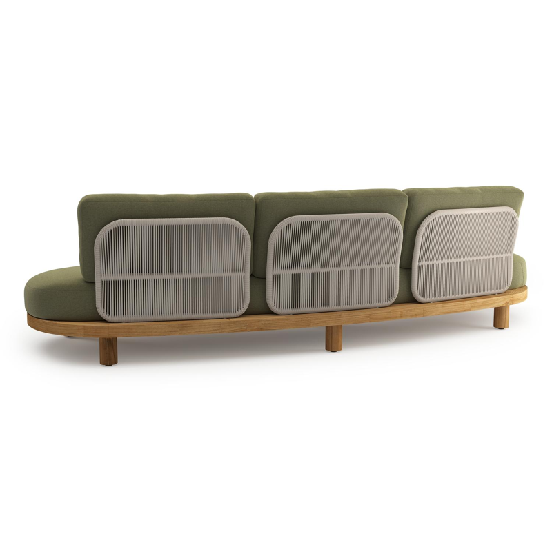 Donato loungebank in teak en beige verticaal geweven ronde rope met all weather sunbrella® luxe Heritage Leaf kussen