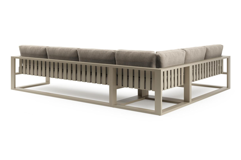 Salon de jardin d'angle Verato en aluminium beige et coussins en all weather sunbrella® luxe chartres pewter