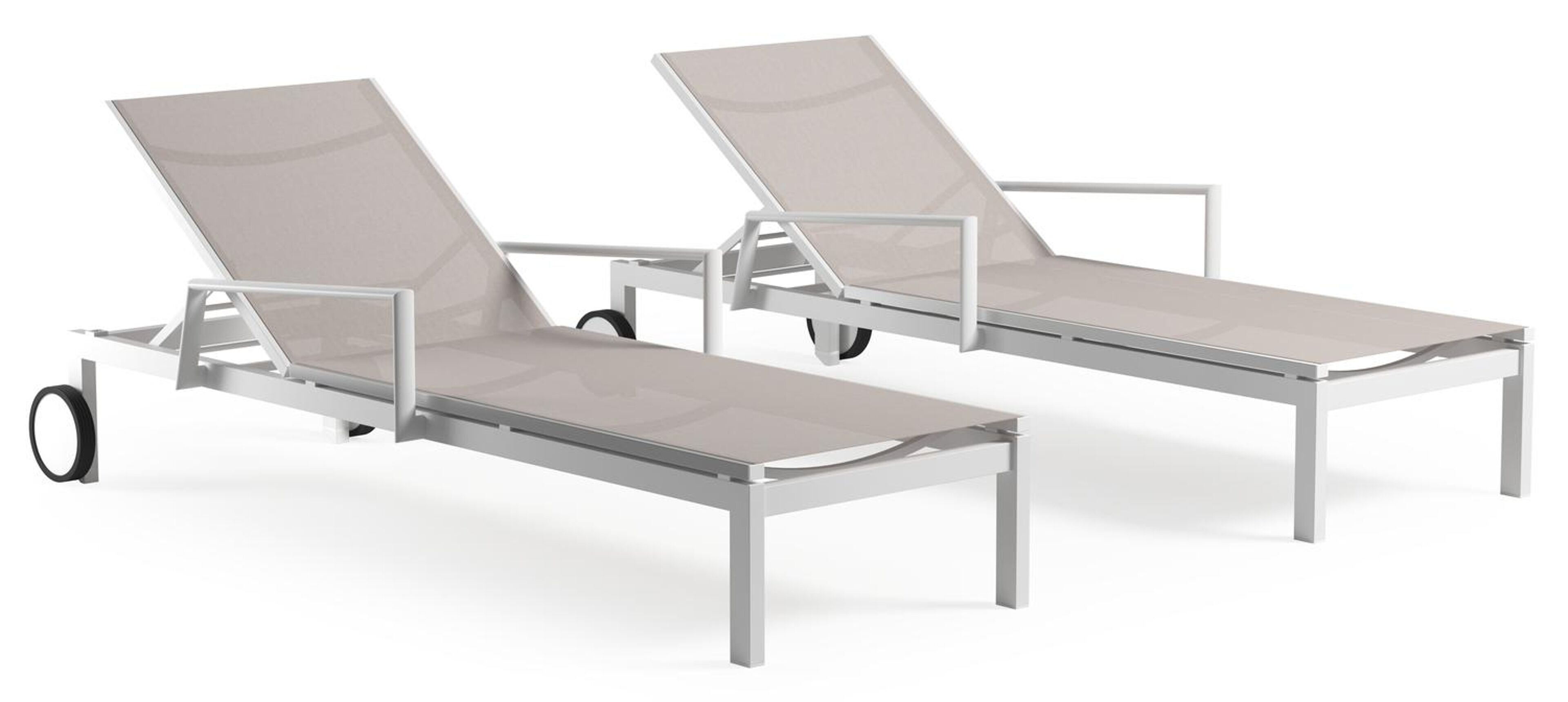 Ensemble de 2 chaises longues réglables Caravelle en aluminium blanc et textilène simple beige avec accoudoir