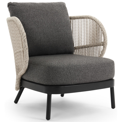 Lugano loungestoel 1-zit in zwart aluminium en beige gedraaide ronde wicker met catania black all weather cosytica kussen