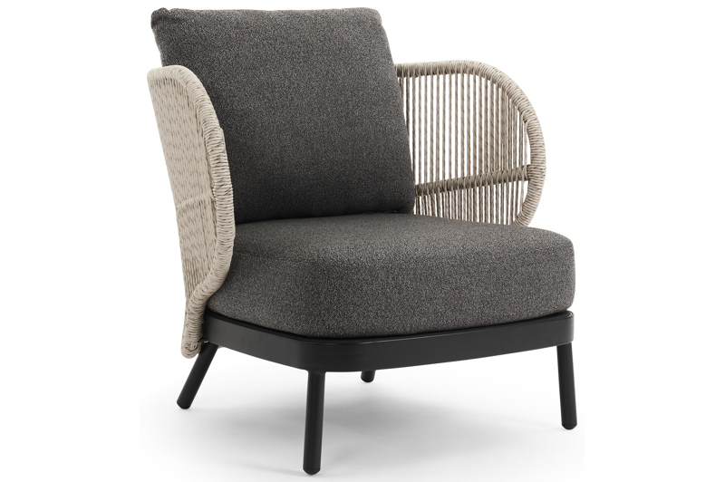 Lugano loungestoel 1-zit in zwart aluminium en beige gedraaide ronde wicker met catania black all weather cosytica kussen