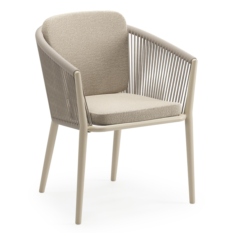 Orso tuinstoel in beige aluminium en beige verticaal geweven ronde rope met zitkussen in All Weather Cosytica Marbella Sand