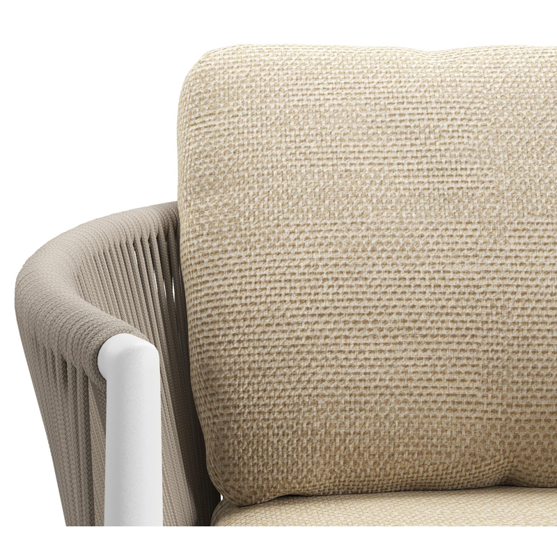 Organo tuinstoel in beige aluminium en beige verticaal geweven ronde rope met stoelkussen in All Weather Cosytica Althea Camel