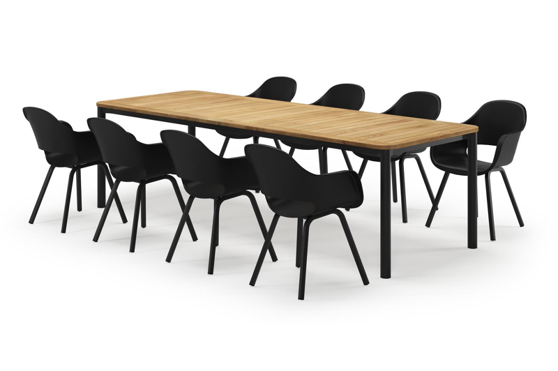 Mira rechthoekige afgeronde tuinset in zwart aluminium en teak natural finish met 8 Artena tuinstoelen