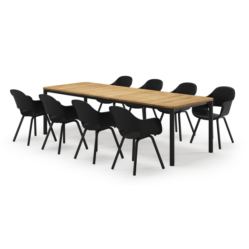 Mira rechthoekige afgeronde tuinset in zwart aluminium en teak natural finish met 8 Artena tuinstoelen