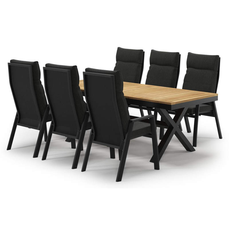 Reza tuinset in zwart aluminium en teak met 6 Leon tuinstoelen