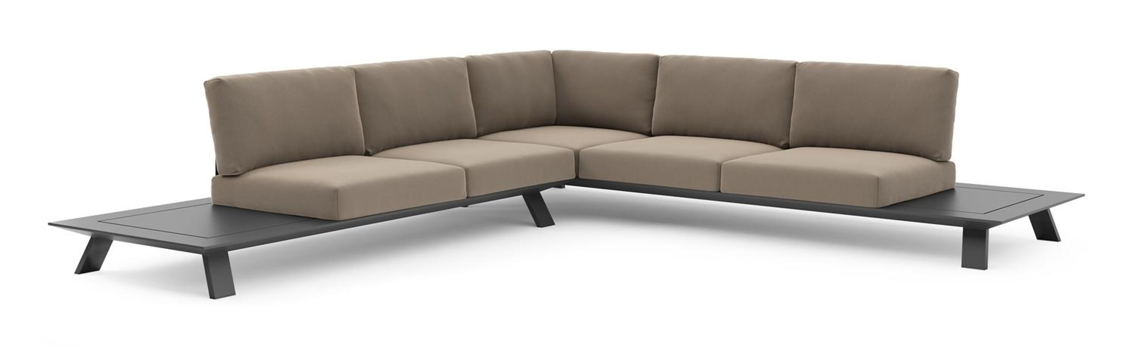 Salon de jardin d'angle Cesano en aluminium noir et coussin en all weather Sunbrella® luxe natte heather grey