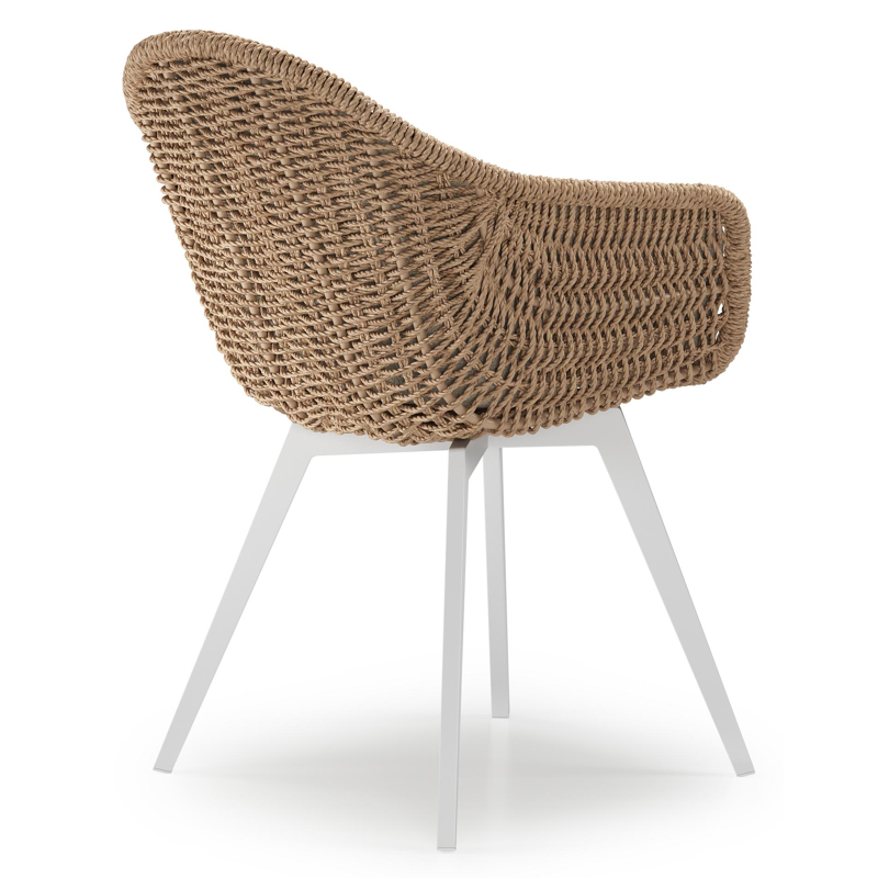 Pagino tuinstoel in wit aluminium en naturel ronde wicker met zitkussen in All Weather Cosytica Marbella Sand