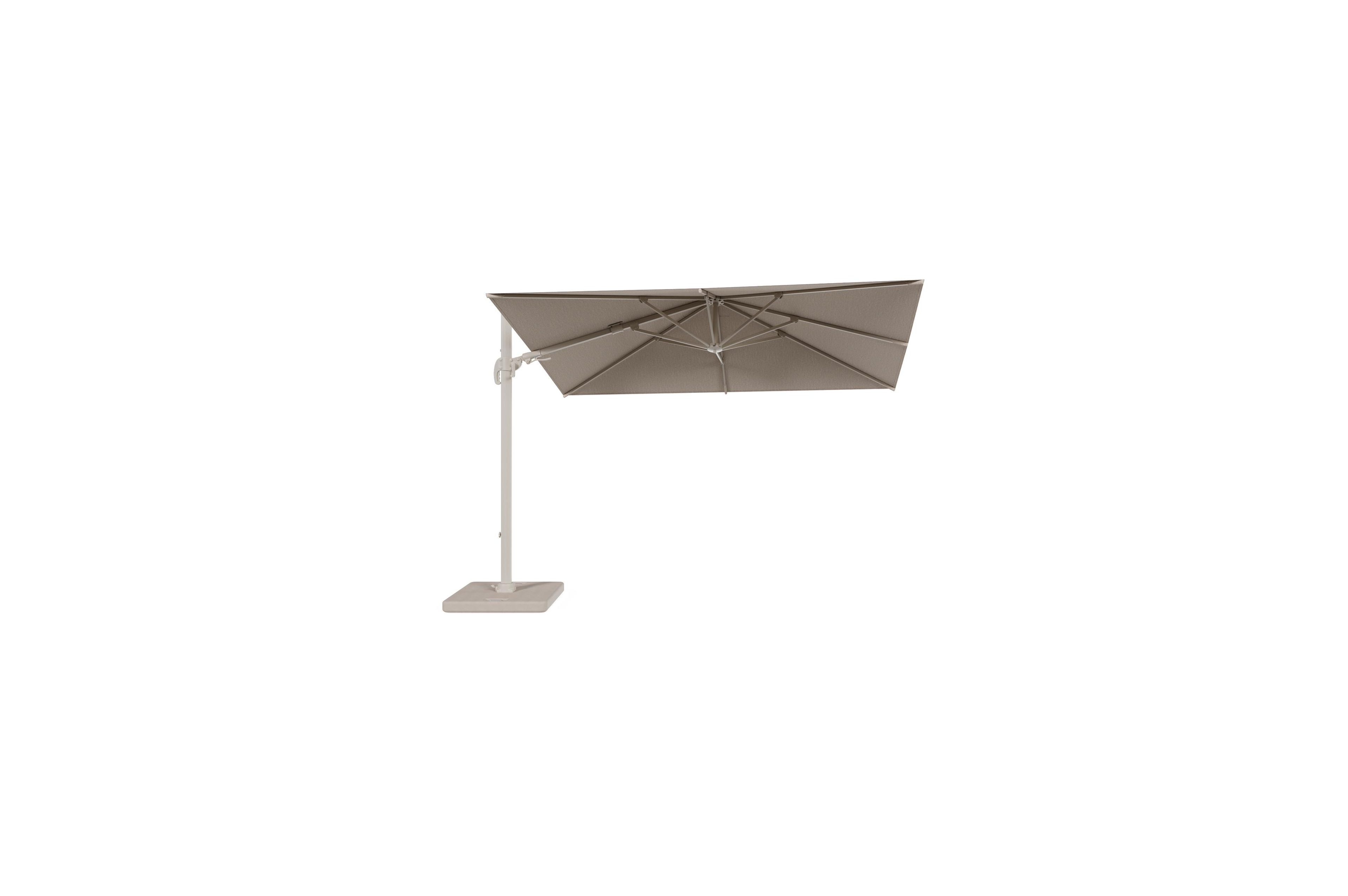 Avola zweefparasol met tiltfunctie in beige aluminium en rustic Weather+ Softtouch parasoldoek - L1 200 x L2 300 cm met parasolvoet Pedito 120 kg