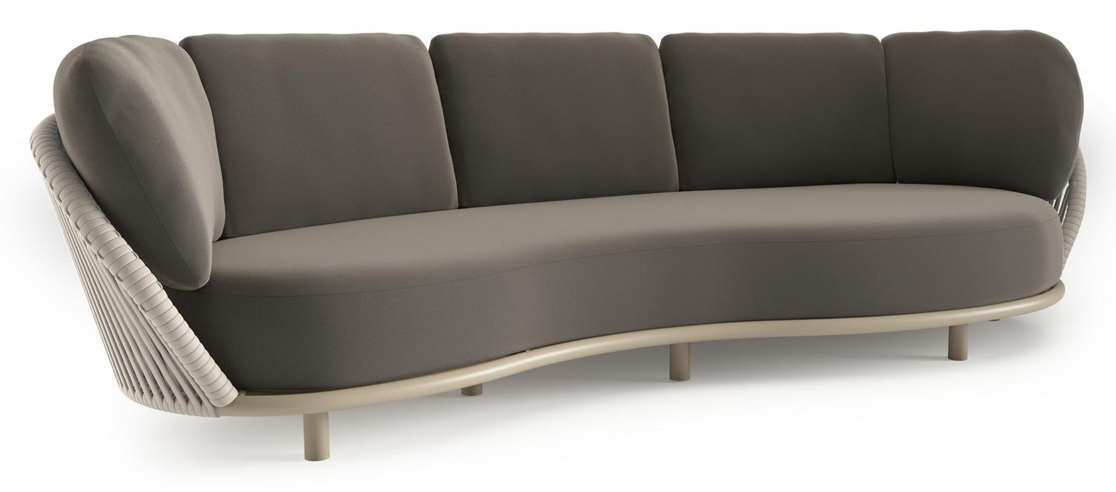 Canapé de jardin Lupino en aluminium beige et corde large plate de luxe tissée verticalement beige et coussins en all weather sunbrella® luxe natte carbon beige