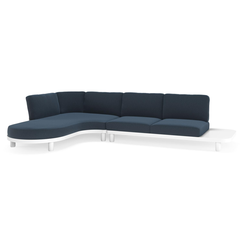Salon de jardin d'angle Donato en aluminium blanc et coussins en All Weather Sunbrella® luxe Heritage Indigo