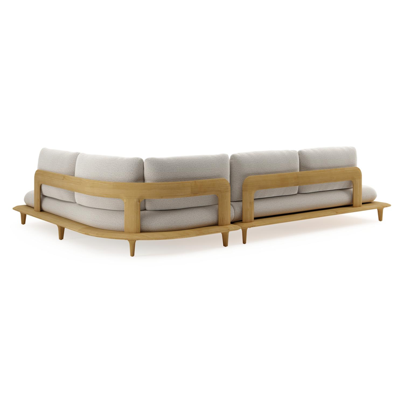 Salon de jardin d'angle Bomero en teck et coussins en all weather solica firenze natural