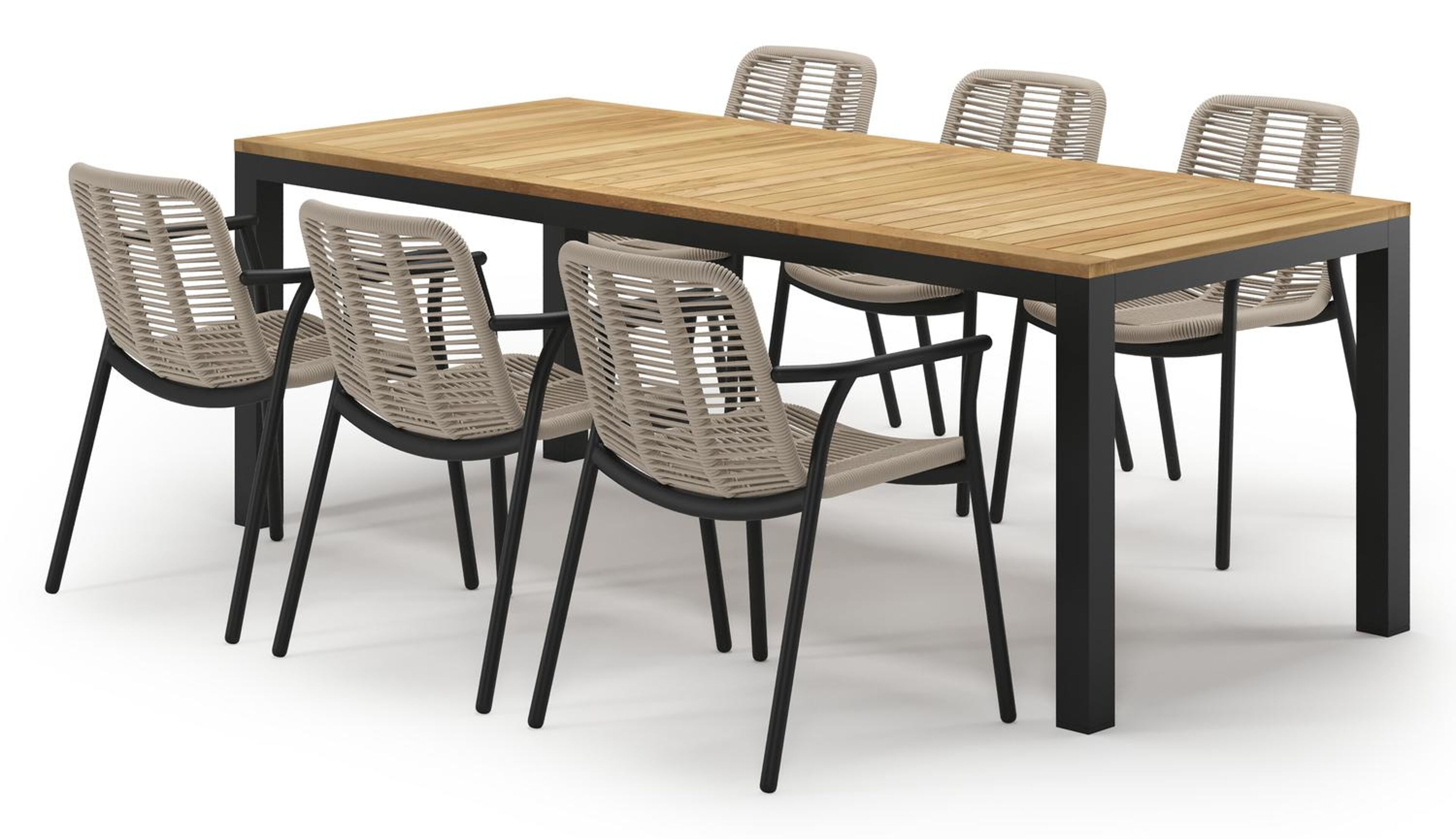 Varese tuinset in zwart aluminium en teak met 6 Berga tuinstoelen