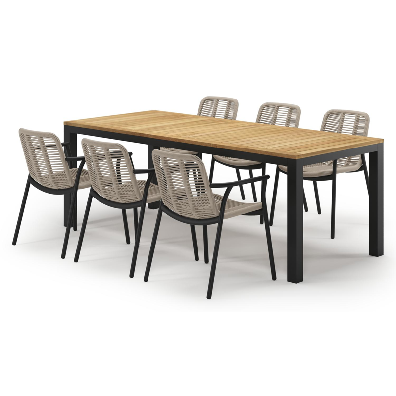 Varese tuinset in zwart aluminium en teak met 6 Berga tuinstoelen