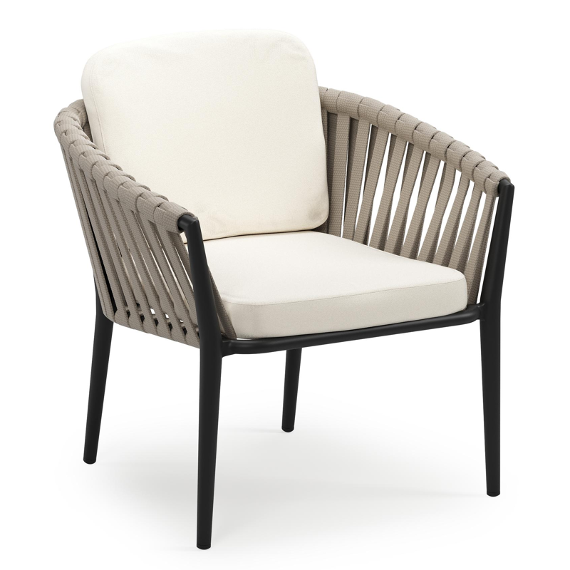 Orso low dining tuinstoel in zwart aluminium en beige verticaal geweven luxe vlakke brede rope met stoelkussen in All Weather Sunbrella® Luxe Natte White