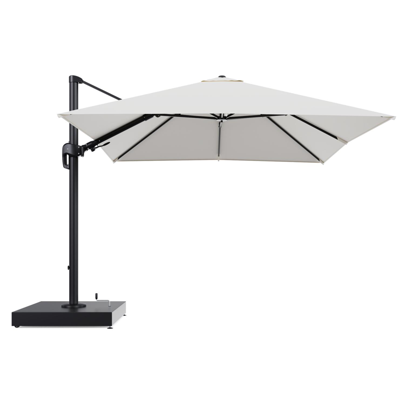 Rufina zweefparasol met tiltfunctie in zwart aluminium en Natte White All Weather Sunbrella® Luxe parasoldoek - L1 300 x L2 300 cm met parasolvoet Minore 260 kg met wielen
