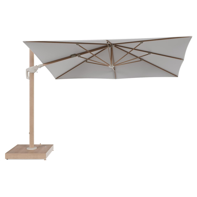 Parasol pendant Minore avec fonction tilt en aluminium aspect de bois et toile de parasol All Weather Solica Soul Optik - Lg.1 280 Lg.2 370 cm avec pied de parasol Minore 260 kg avec roulettes