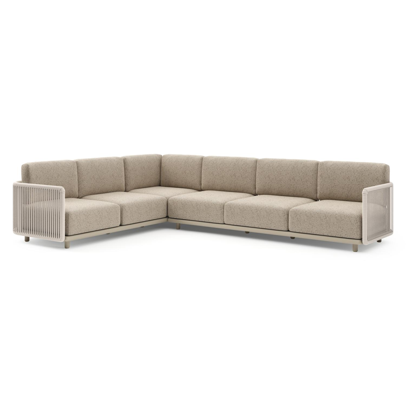 Organo loungehoek in beige aluminium en beige verticaal geweven luxe vlakke rope met bora jungle all weather Cosytica kussen