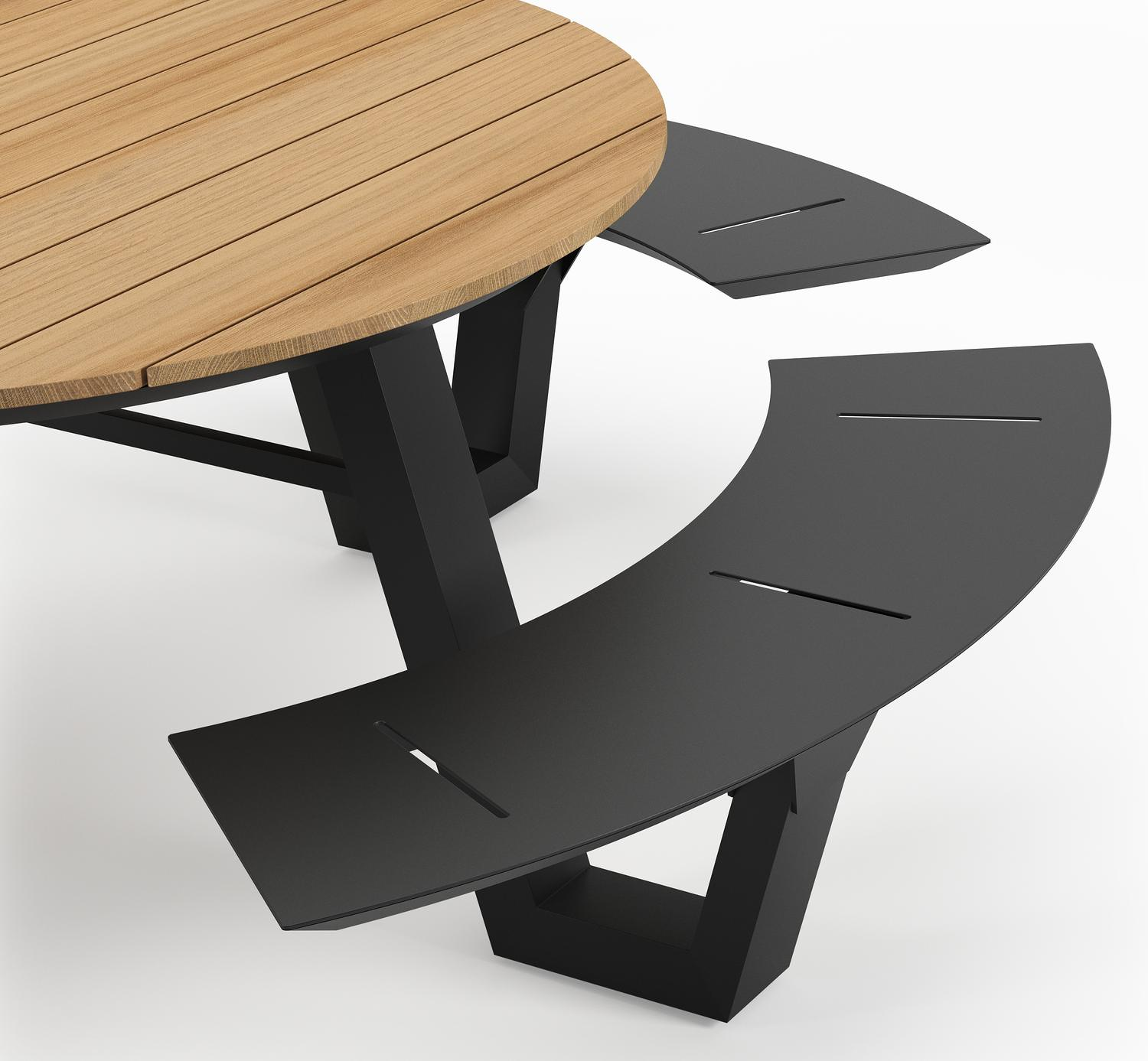 Rondino picknicktafel in zwart aluminium en teak tafelblad - Ø 236 x H 71,5 cm