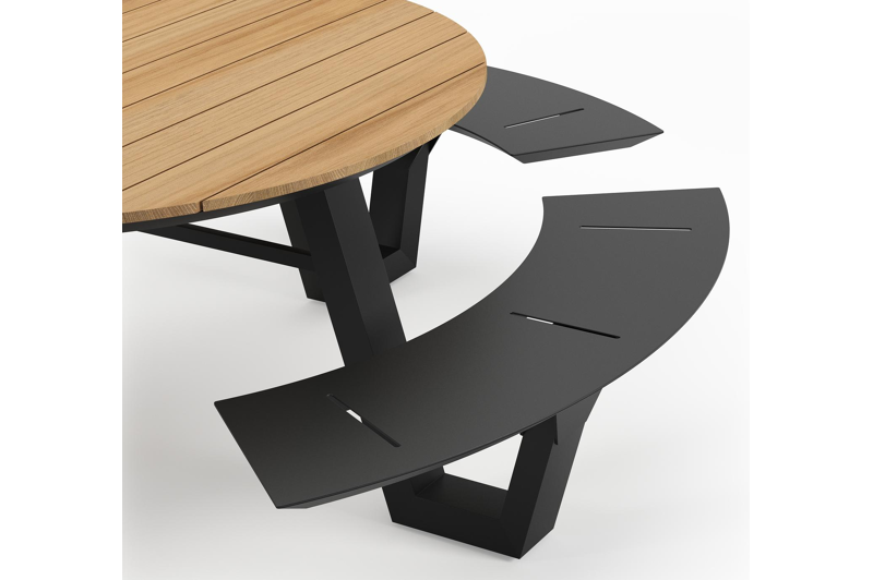 Rondino picknicktafel in zwart aluminium en teak tafelblad - Ø 236 x H 71,5 cm