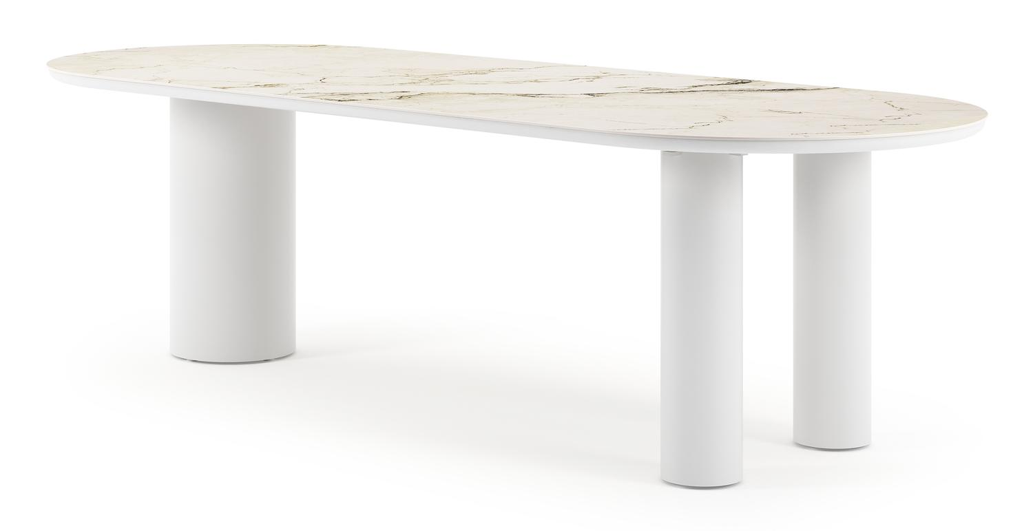 Table de jardin Organo ovale en aluminium blanc et céramique pleine colorado dunes - Lg. 260 x Lrg. 100 x Haut. 74 cm