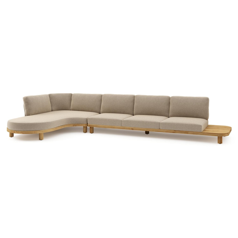 Donato loungehoek in teak en beige verticaal geweven ronde rope met all weather cosytica Madagascar Oak kussen