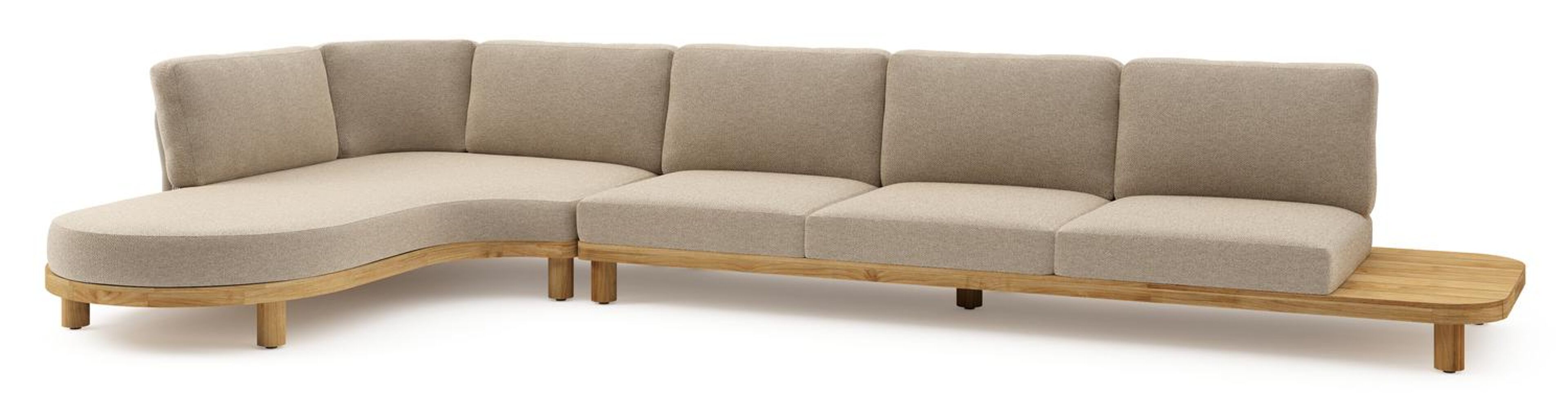 Donato loungehoek in teak en beige verticaal geweven ronde rope met all weather cosytica Madagascar Oak kussen