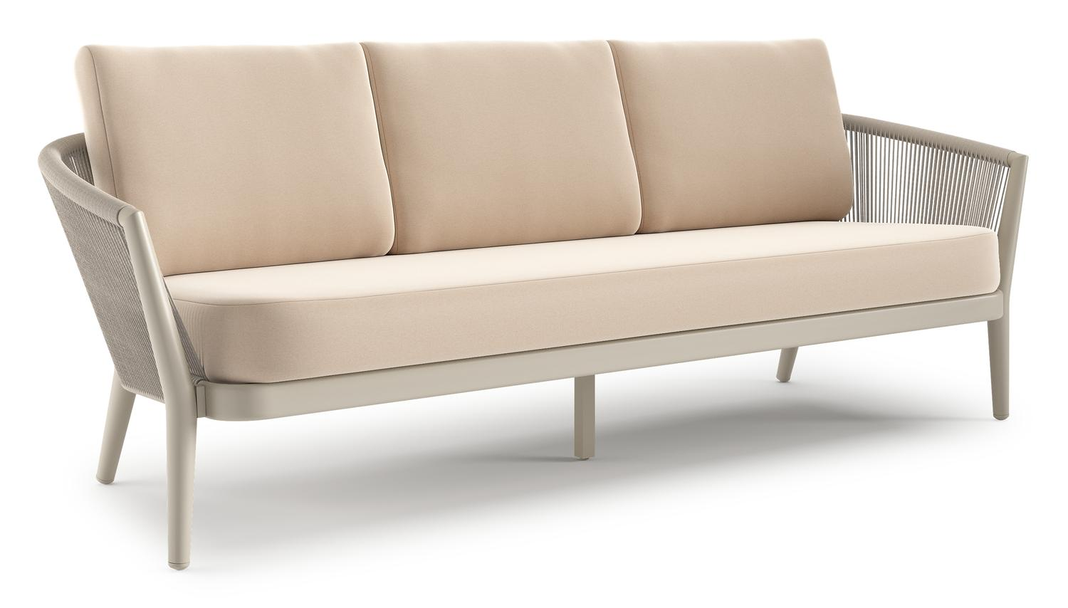 Orso loungebank in beige aluminium en beige verticaal geweven ronde rope met Natte Linen Chalk all weather sunbrella® luxe kussen