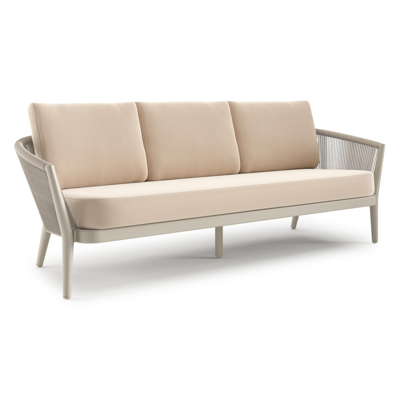 Orso loungebank in beige aluminium en beige verticaal geweven ronde rope met Natte Linen Chalk all weather sunbrella® luxe kussen