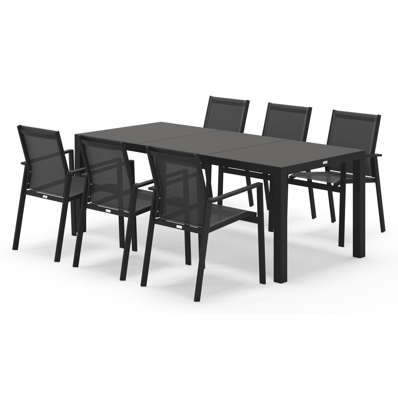 Toma tuinset rechthoekig in zwart aluminium en sintered stone zwart met 6 Bahia tuinstoelen
