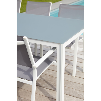 Table de jardin Caldela en aluminium blanc et verre gris - Lg 200 x Larg. 90 x H 75 cm
