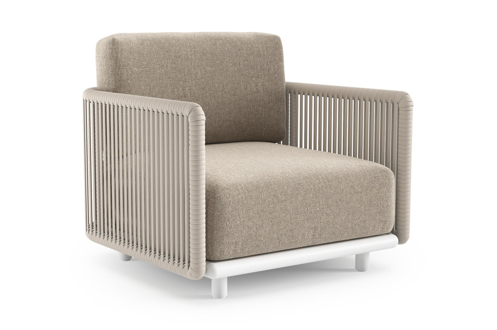 Organo loungestoel 1-zit in wit aluminium en beige verticaal geweven luxe vlakke rope met chartres pewter all weather sunbrella® luxe kussen