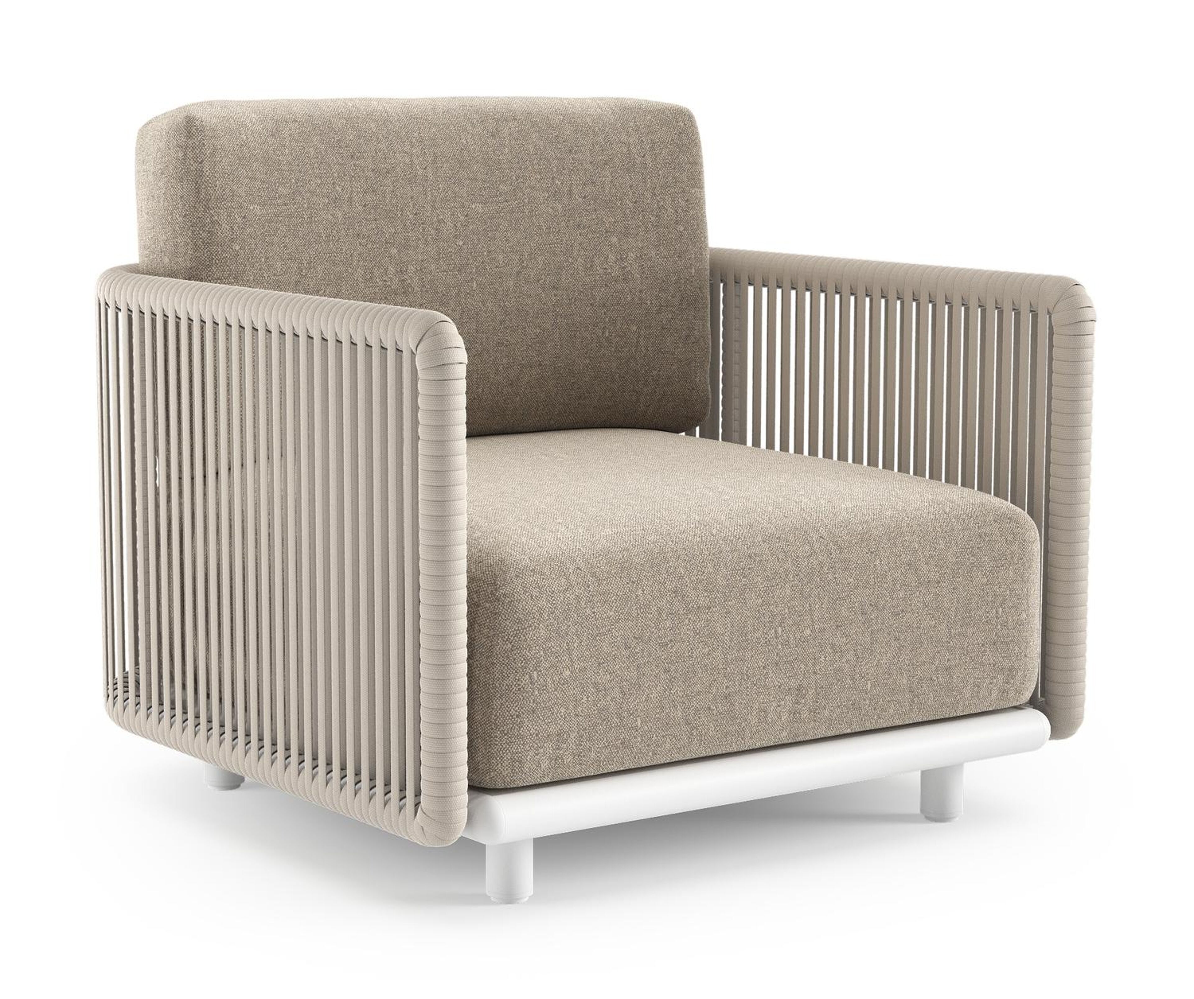 Organo loungestoel 1-zit in wit aluminium en beige verticaal geweven luxe vlakke rope met chartres pewter all weather sunbrella® luxe kussen
