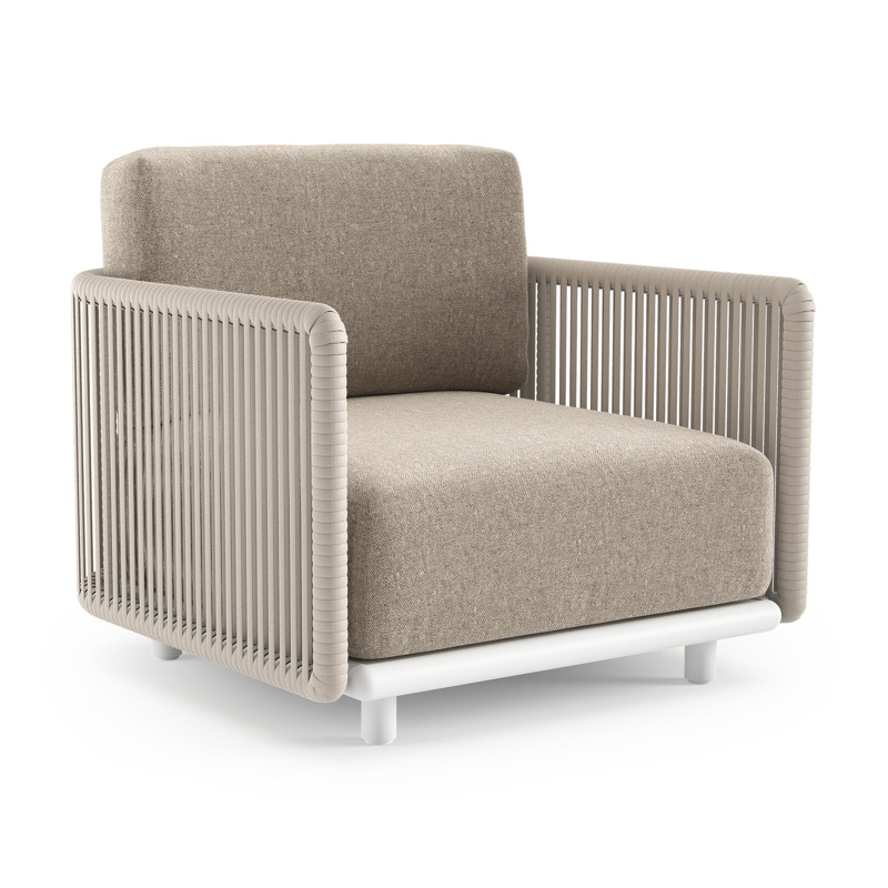 Organo loungestoel 1-zit in wit aluminium en beige verticaal geweven luxe vlakke rope met chartres pewter all weather sunbrella® luxe kussen
