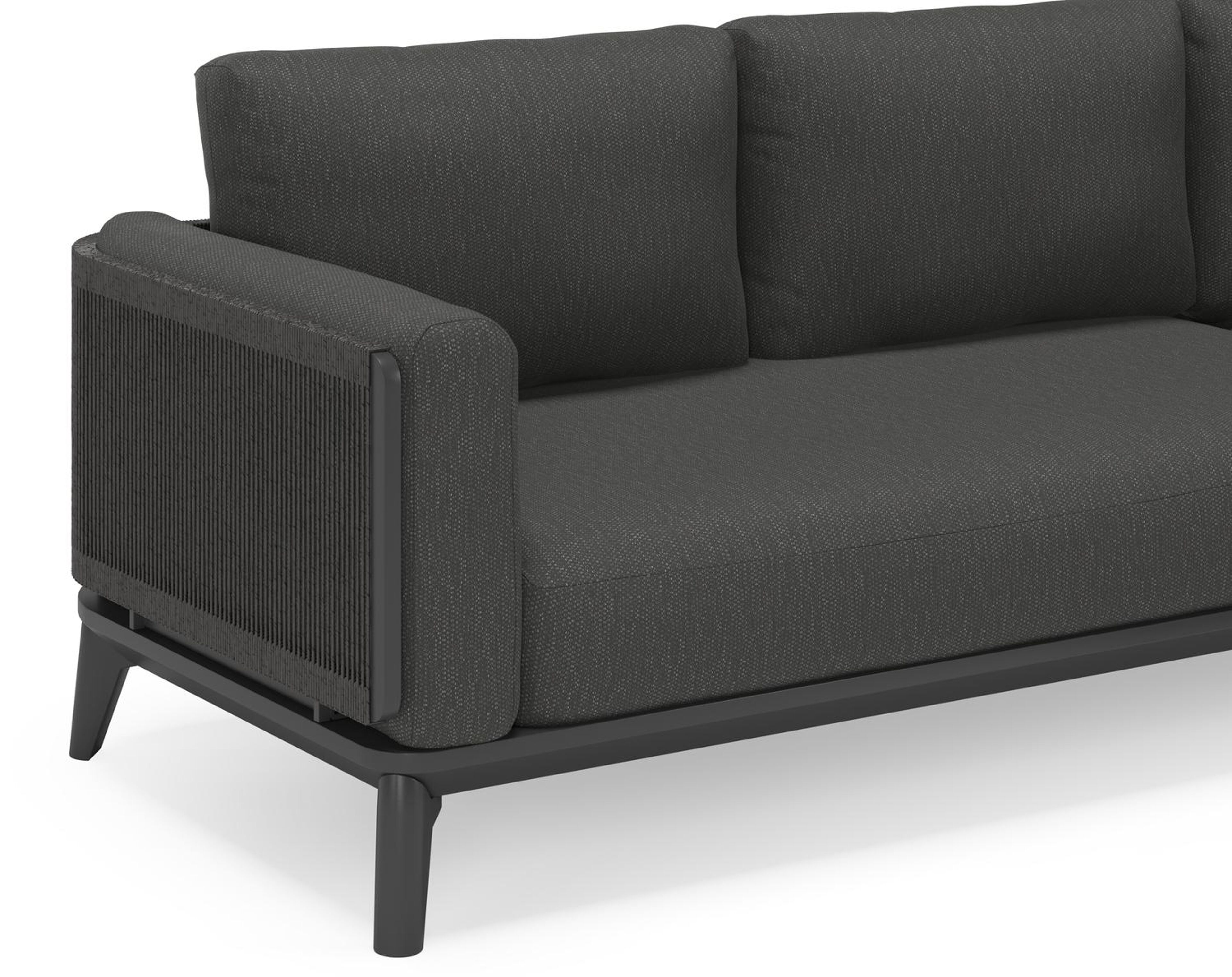 Mosa loungehoek in zwart aluminium en zwart gedraaide ronde wicker met sky black weather+ softtouch kussens