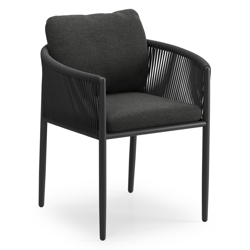 Organo tuinstoel in beige aluminium en beige verticaal geweven ronde rope met stoelkussen in All Weather Sunbrella® Luxe Chartres Sooty