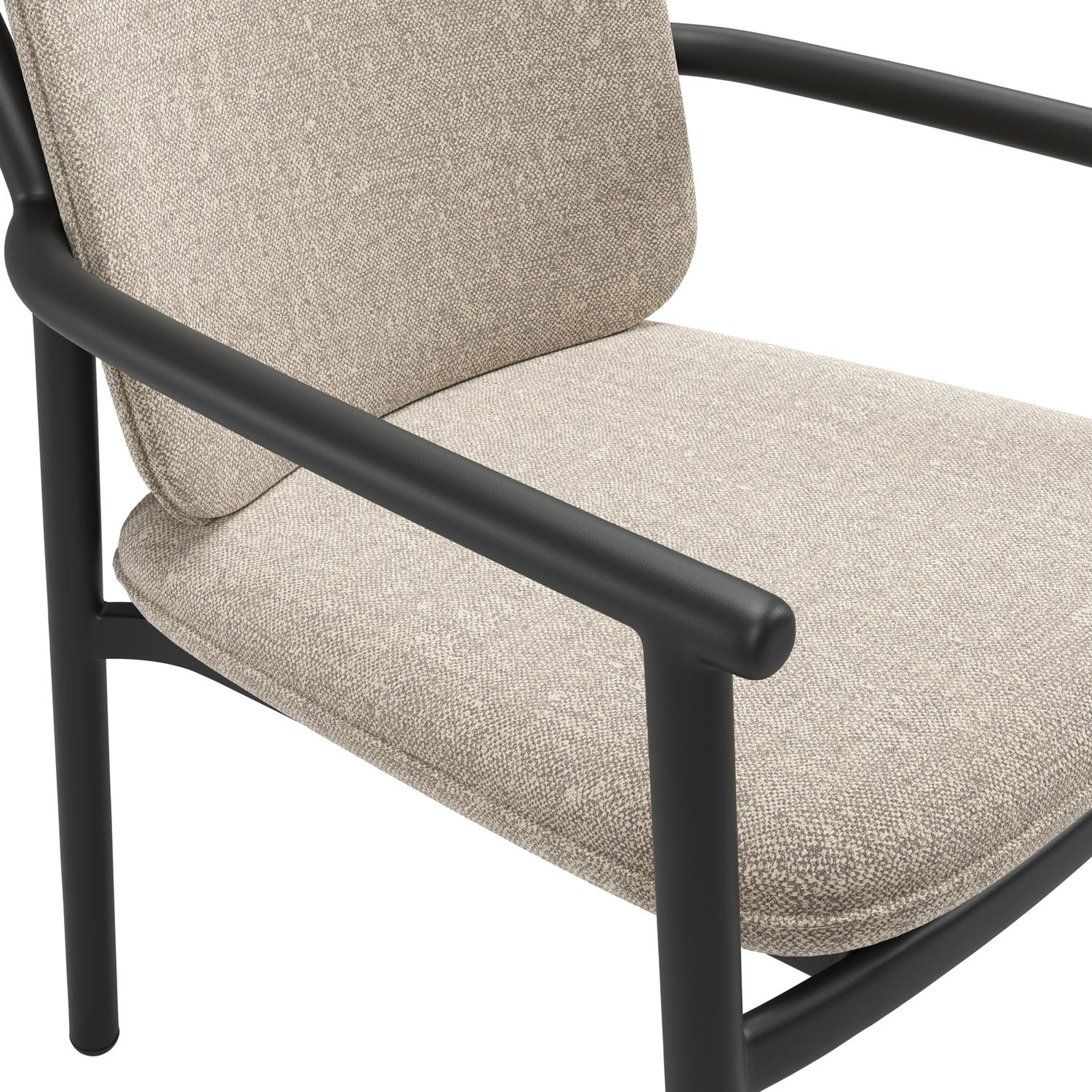 Bono stapelbare tuinstoel in zwart aluminium met stoelkussen in All Weather Sunbrella® Luxe Chartres Pewter
