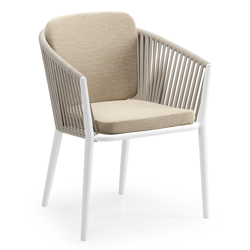 Chaise de jardin Orso en aluminium blanc et corde plate tissée verticalement beige avec coussin en All Weather Cosytica Althea Camel