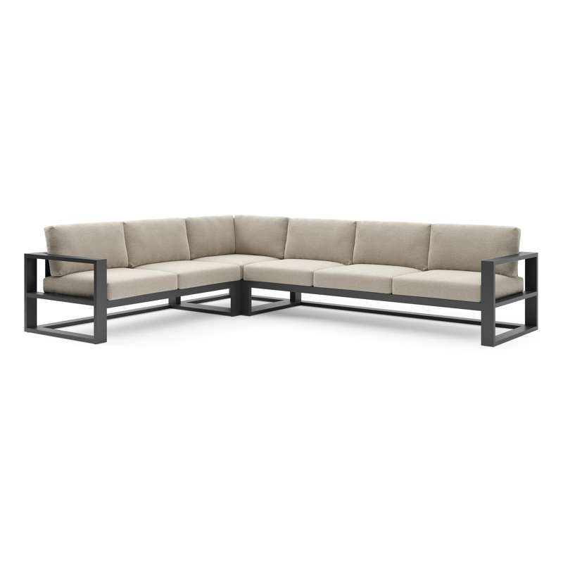 Salon de jardin d'angle Verato en aluminium noir et coussins en all weather cosytica catania greige